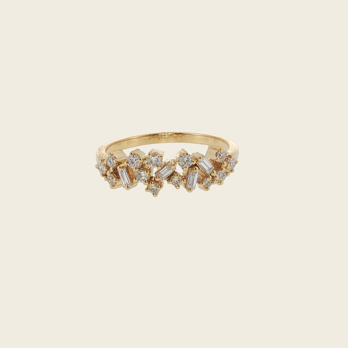 Geelgouden ring met briljant en baguette geslepen diamanten