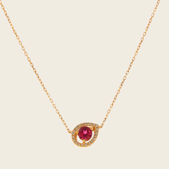 Ketting geelgoud met roze rhodoliet en halo