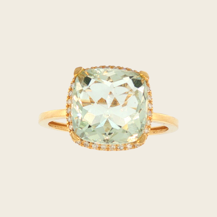 Cocktailring geelgoud met cushion-cut groene kwarts en halo