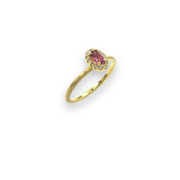 Ring 18kt geel goud met roze Toermalijn en diamant