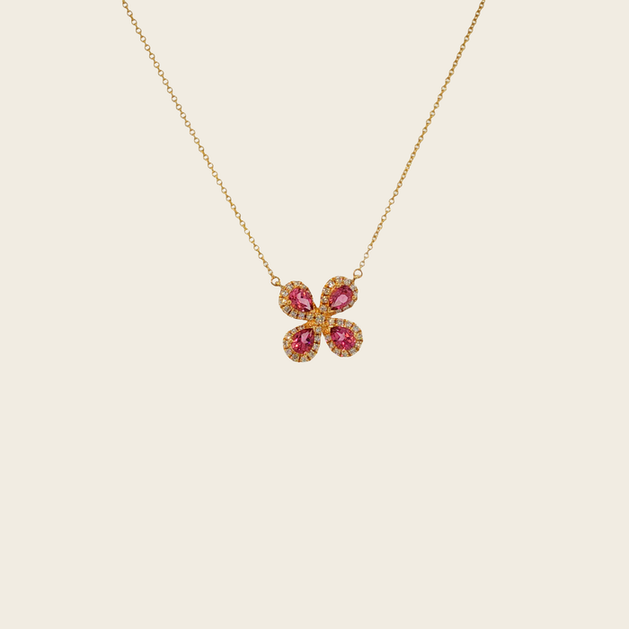 Ketting geelgoud met roze toermalijn en halo