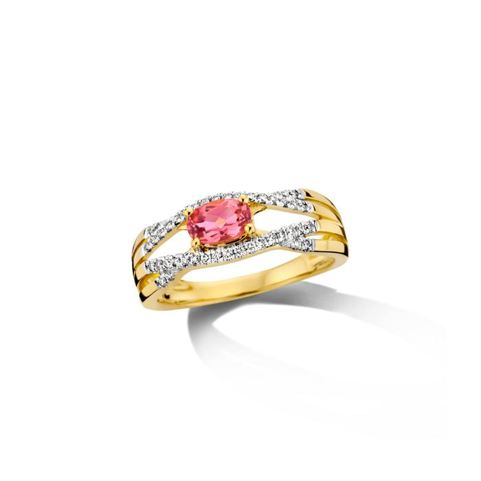 Ring 18kt geel goud - Roze toermalijn en diamant
