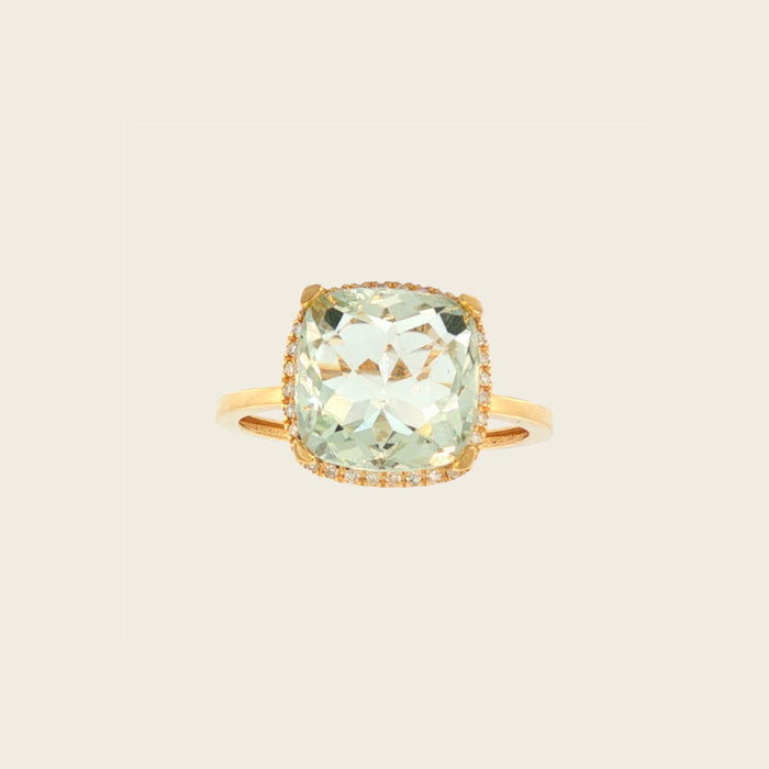 Cocktailring geelgoud met cushion-cut groene amethist en halo diamant