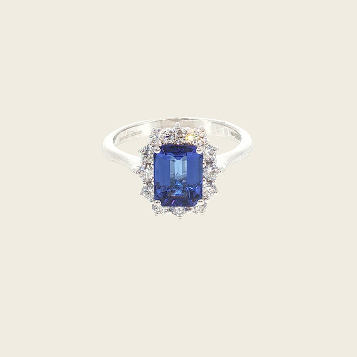 Tanzaniet ring in witgoud met emerald cut