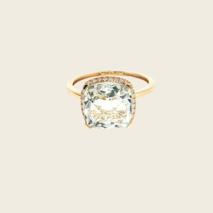 Cocktailring geelgoud met cushion-cut groene amethist en halo diamant