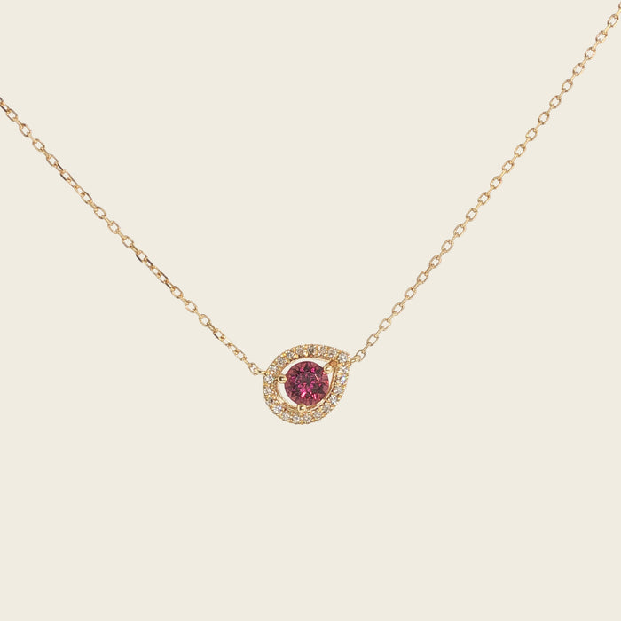Ketting geelgoud met roze rhodoliet en halo
