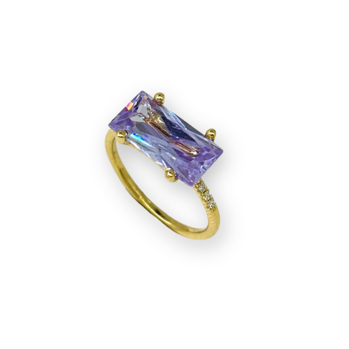Ring in geelgoud met rechthoekige amethist en diamanten – 18kt